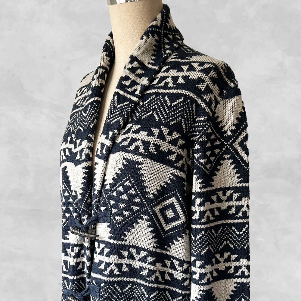 Chaps Cardigan Sweater Women's L Navy Blue Ivory Shawl Collar Toggle Southwest - Picture 2 of 8